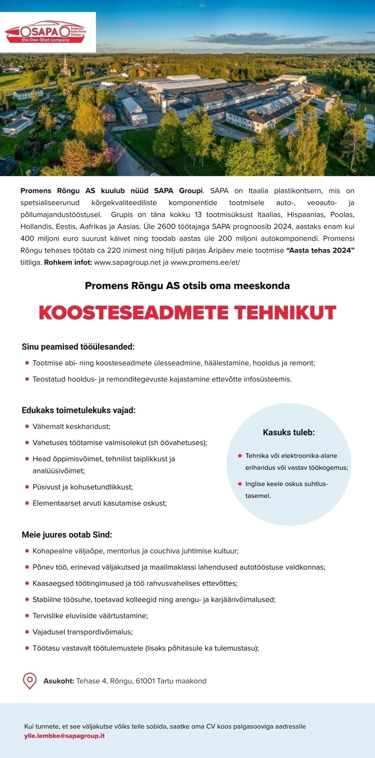 Promens Rõngu AS Koosteseadmete tehnik