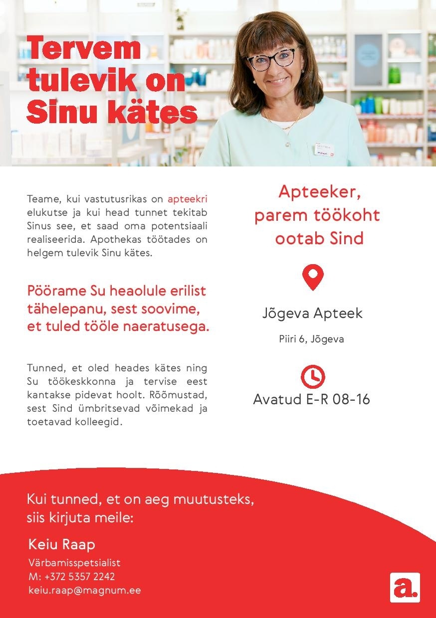 Apotheka Proviisor või farmatseut Jõgeva Apteeki