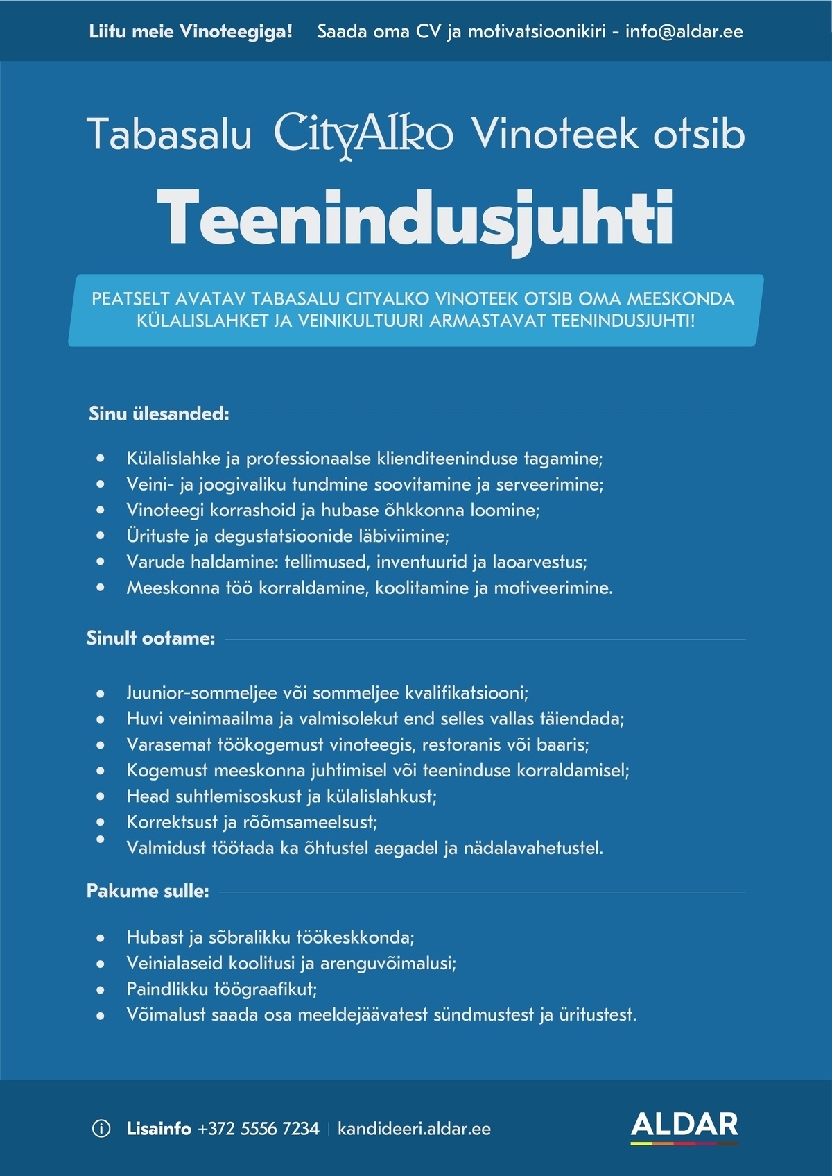 Aldar Eesti OÜ Teenindusjuht Tabasalu CityAlko Vinoteeki