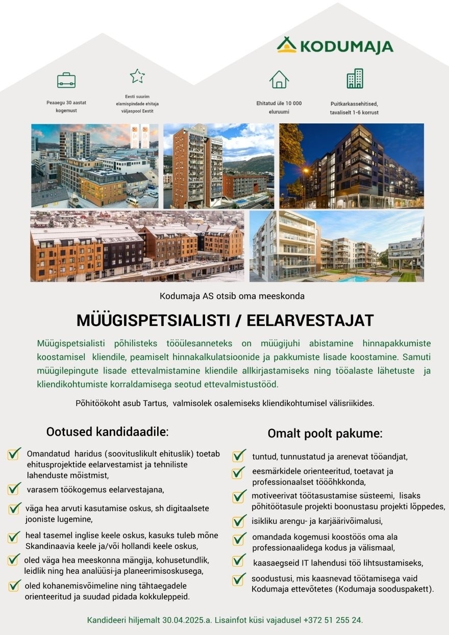 Kodumaja AS Müügispetsialist / eelarvestaja