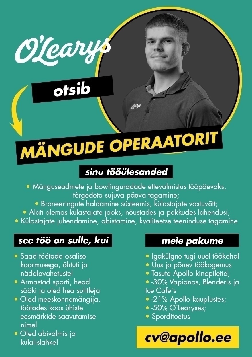 APL Restoranid OÜ Kristiine O’Learys otsib tiimi mängude operaatorit!