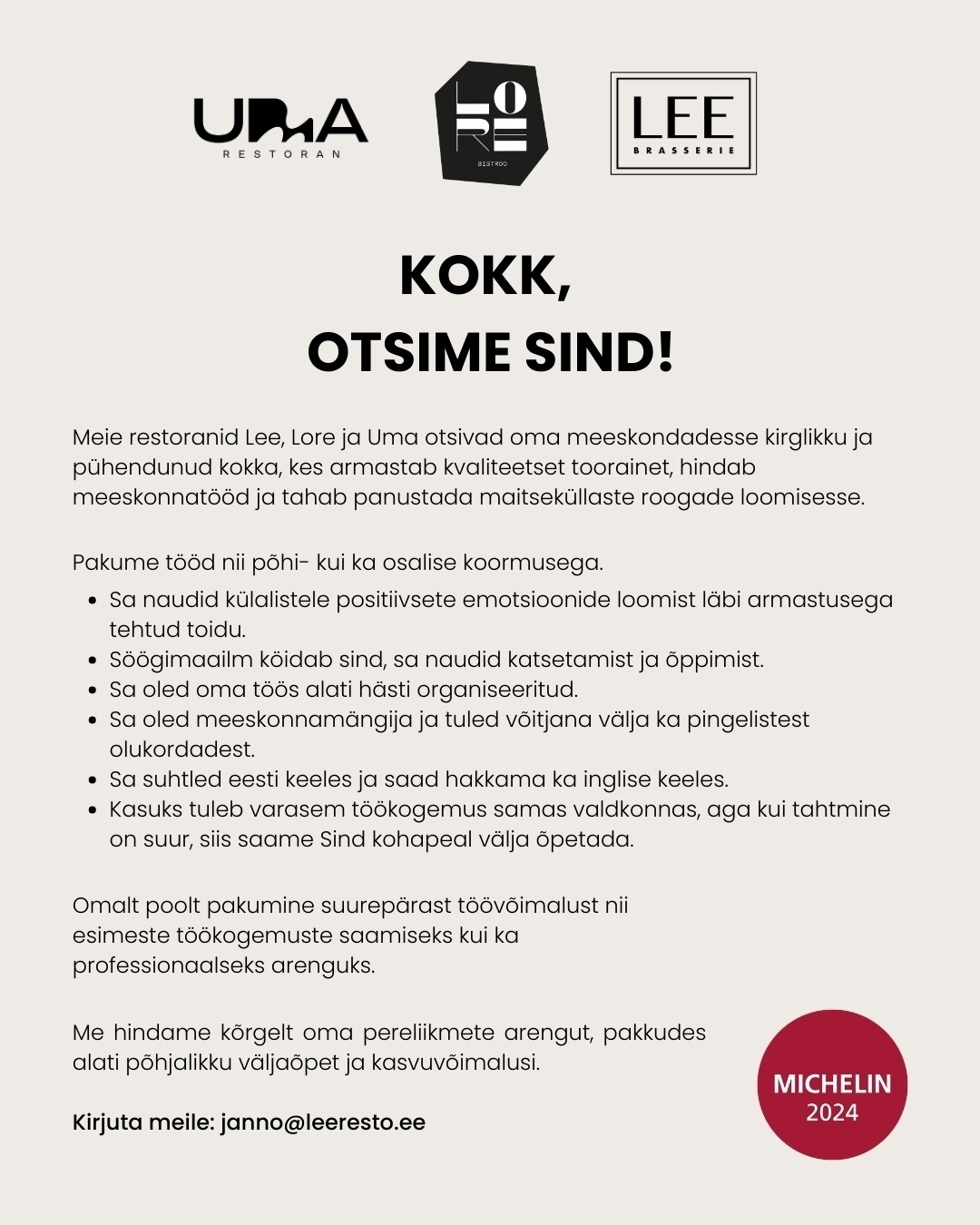 U-BISTROO OÜ Otsime kokka!