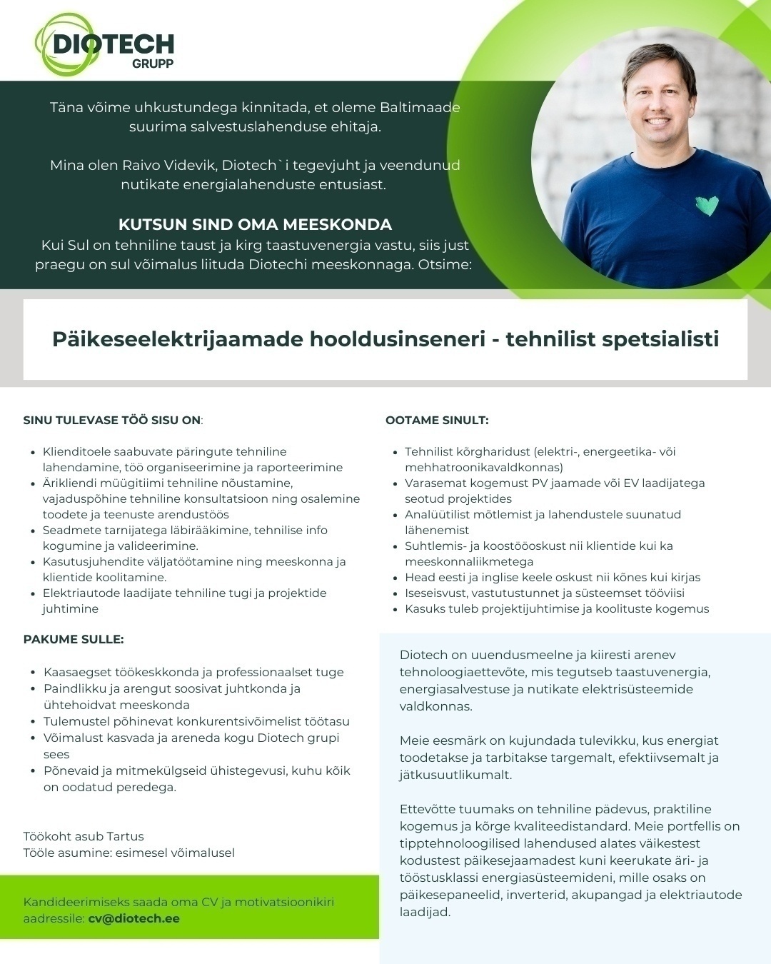 Diotech OÜ Päikeseelektrijaamade hooldusinsener - tehniline spetsialist
