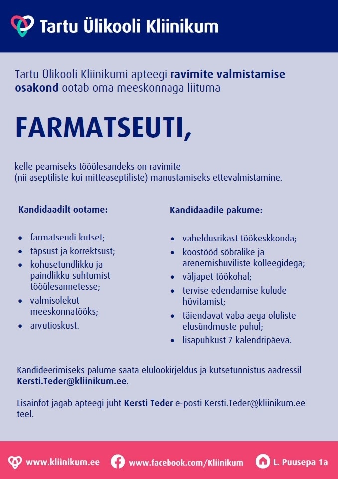 Tartu Ülikooli Kliinikum SA Farmatseut
