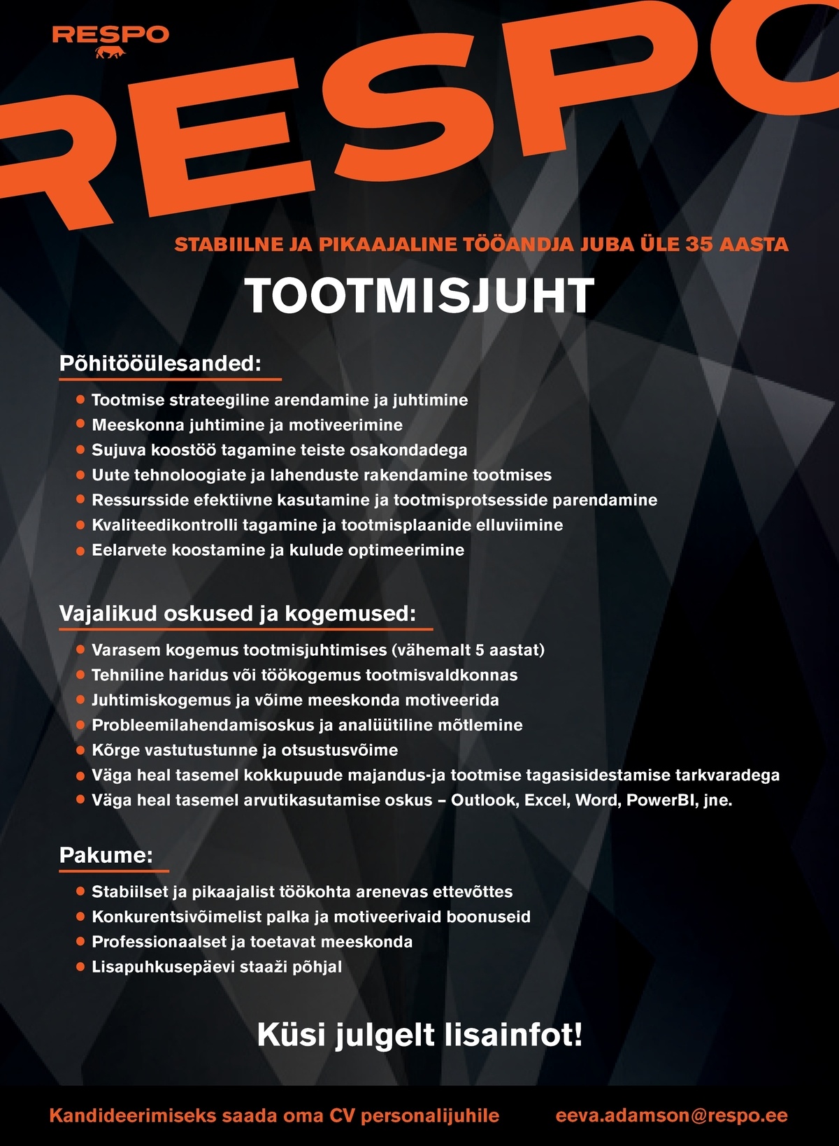 Respo Haagised AS TOOTMISJUHT