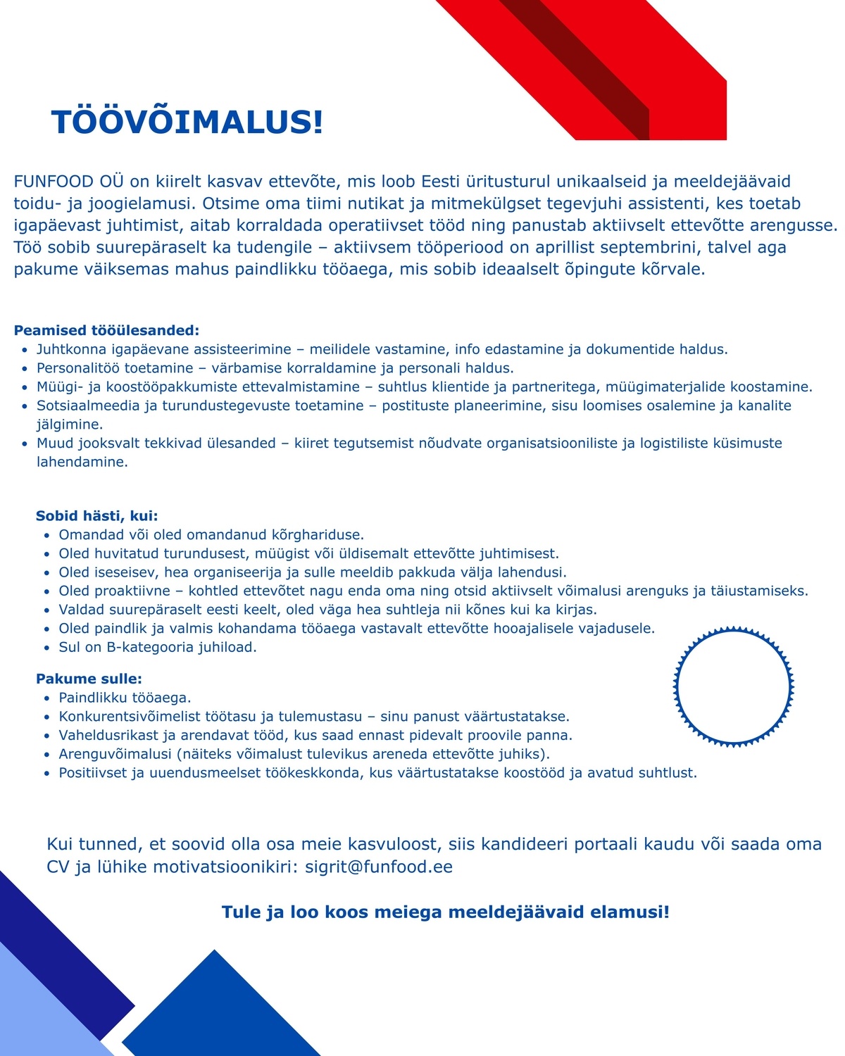 FUNFOOD OÜ TEGEVJUHI ASSISTENT