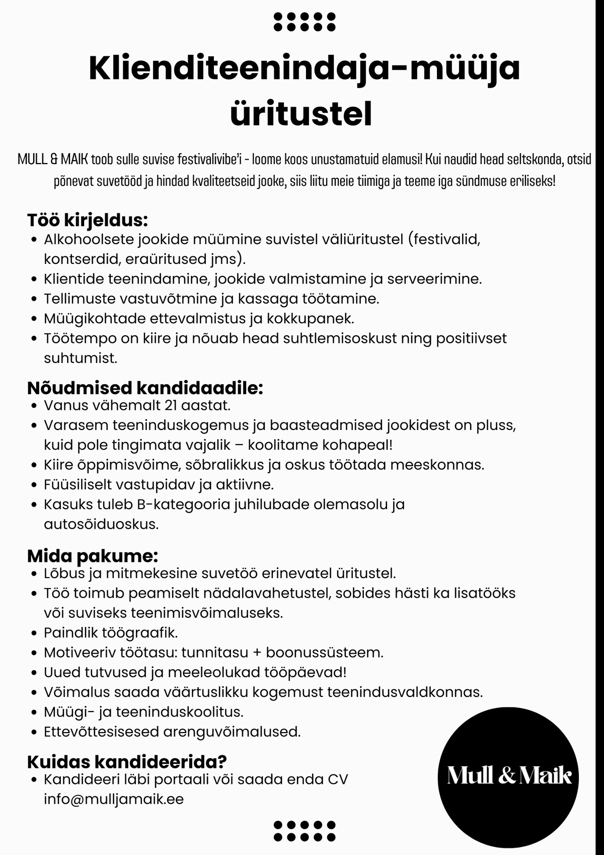 Mull & Maik OÜ Klienditeenindaja-müüja üritustel