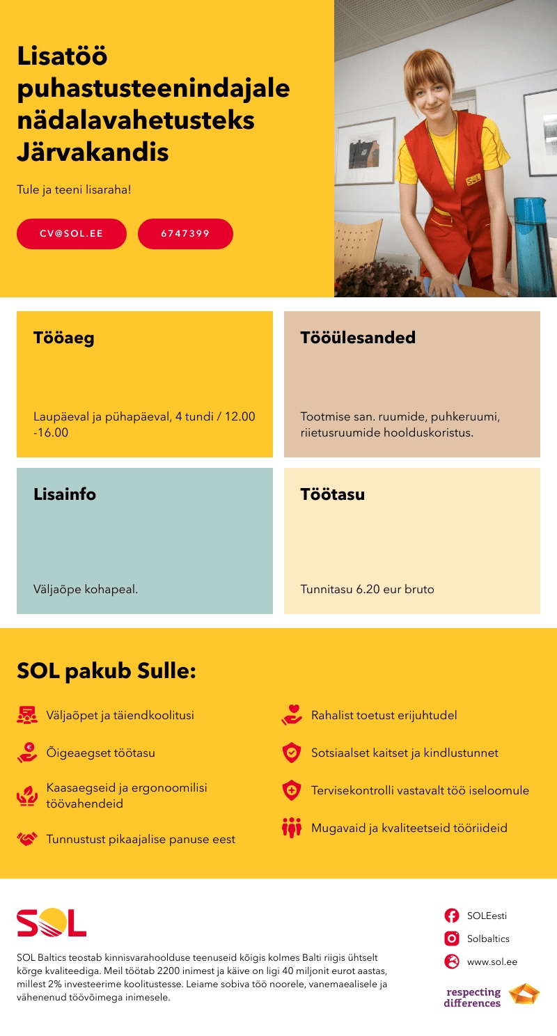 SOL Baltics OÜ Lisatöö puhastusteenindajale nädalavahetusteks Järvakandis
