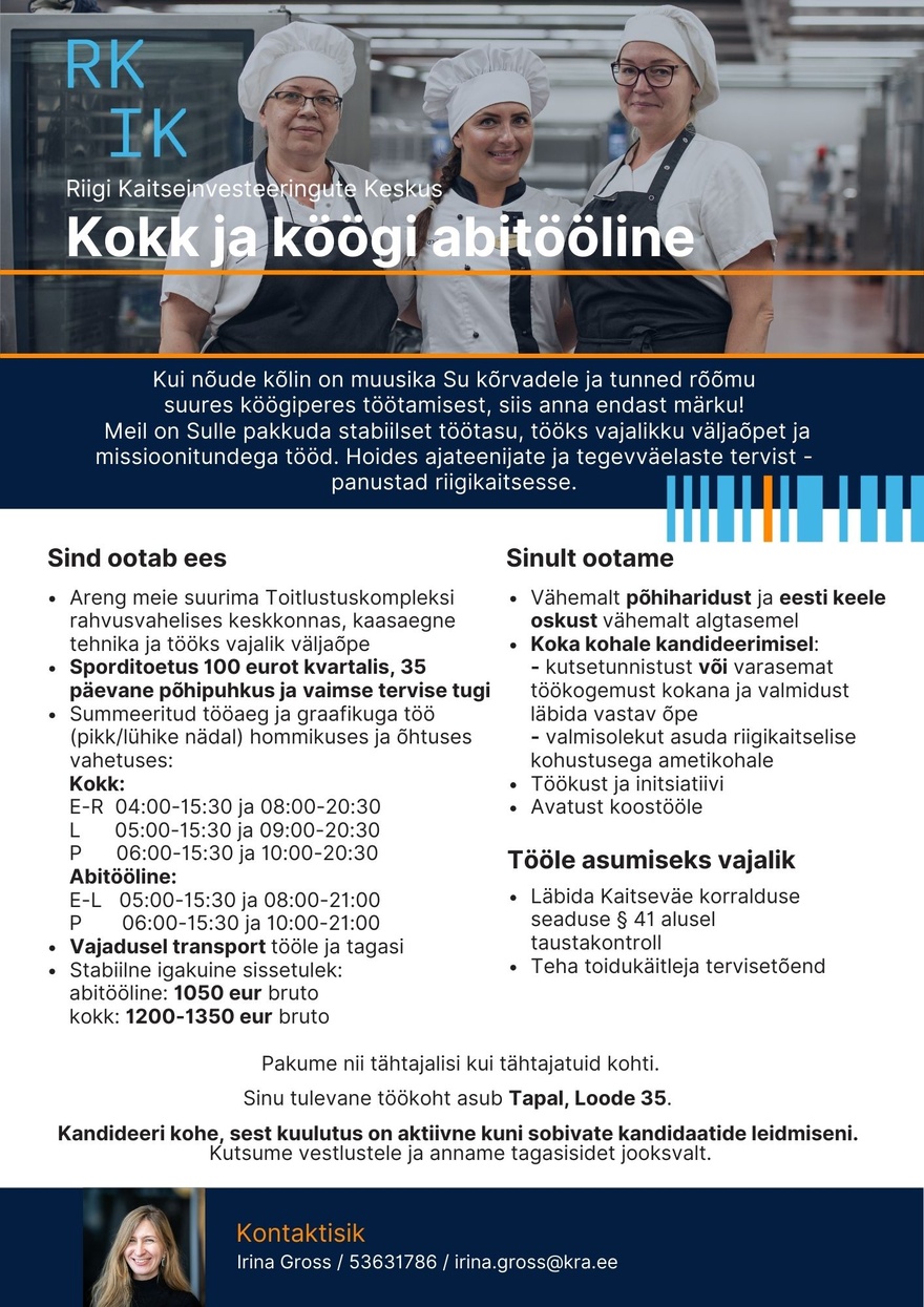 Riigi Kaitseinvesteeringute Keskus Kokk ja abitööline (Tapa), asenduskoht
