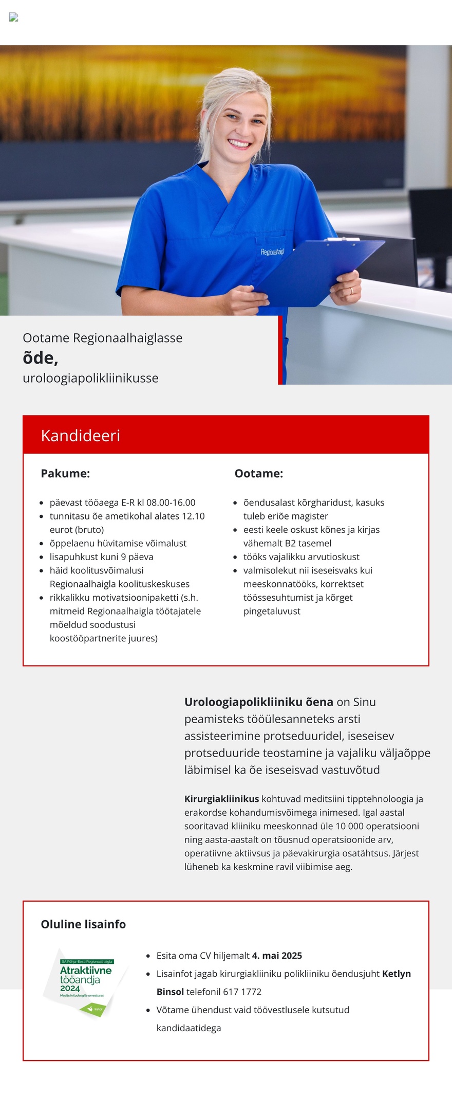 Põhja-Eesti Regionaalhaigla Õde uroloogiapolikliinikusse