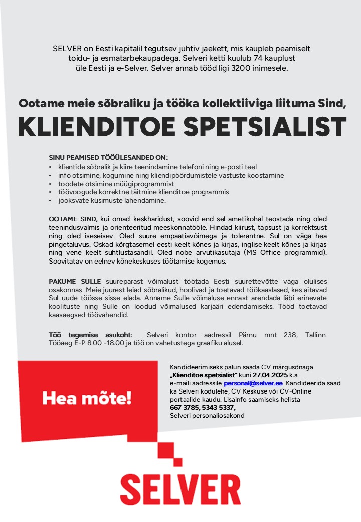 Selver Klienditoe spetsialist