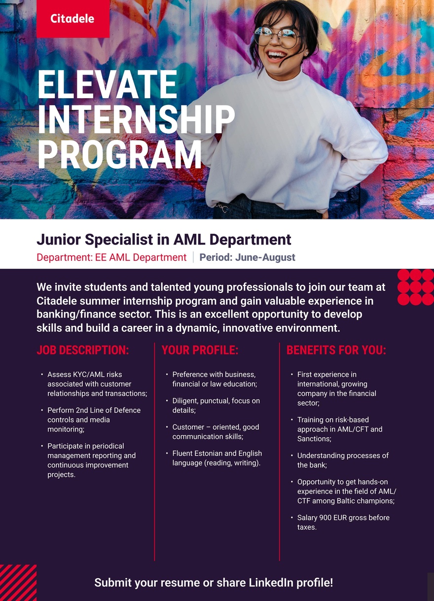 AS CITADELE BANKA EESTI FILIAAL Junior AML Specialist (internship)