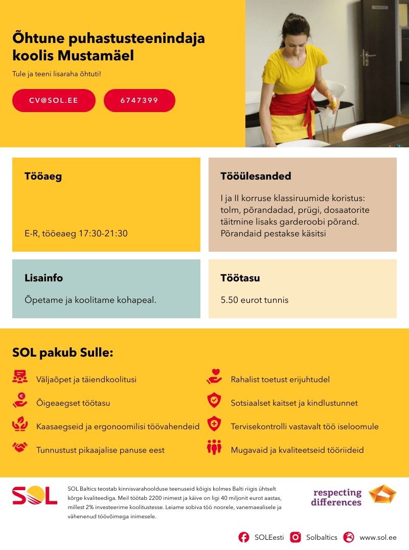 SOL Baltics OÜ Õhtune puhastusteenindaja koolis Mustamäel