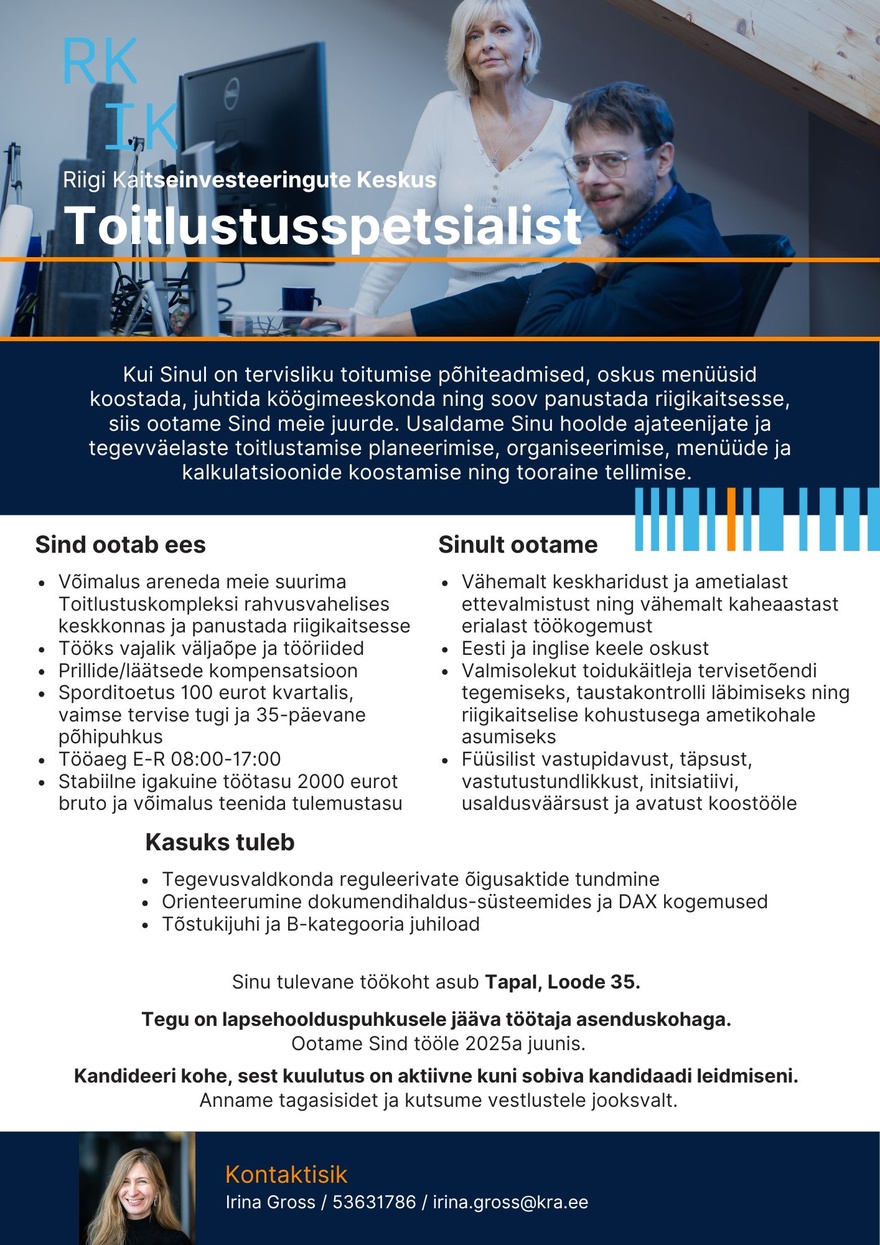 Riigi Kaitseinvesteeringute Keskus Toitlustusspetsialist (Tapa), asenduskoht