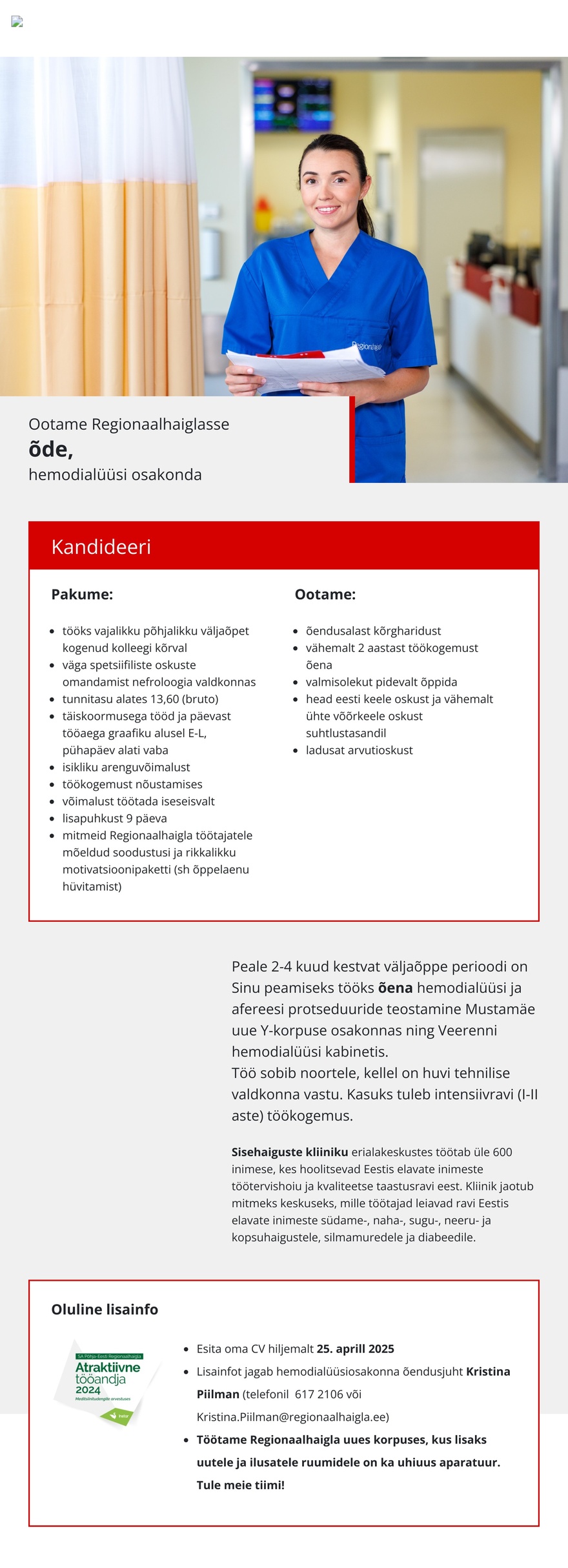 Põhja-Eesti Regionaalhaigla Õde hemodialüüsi osakonda