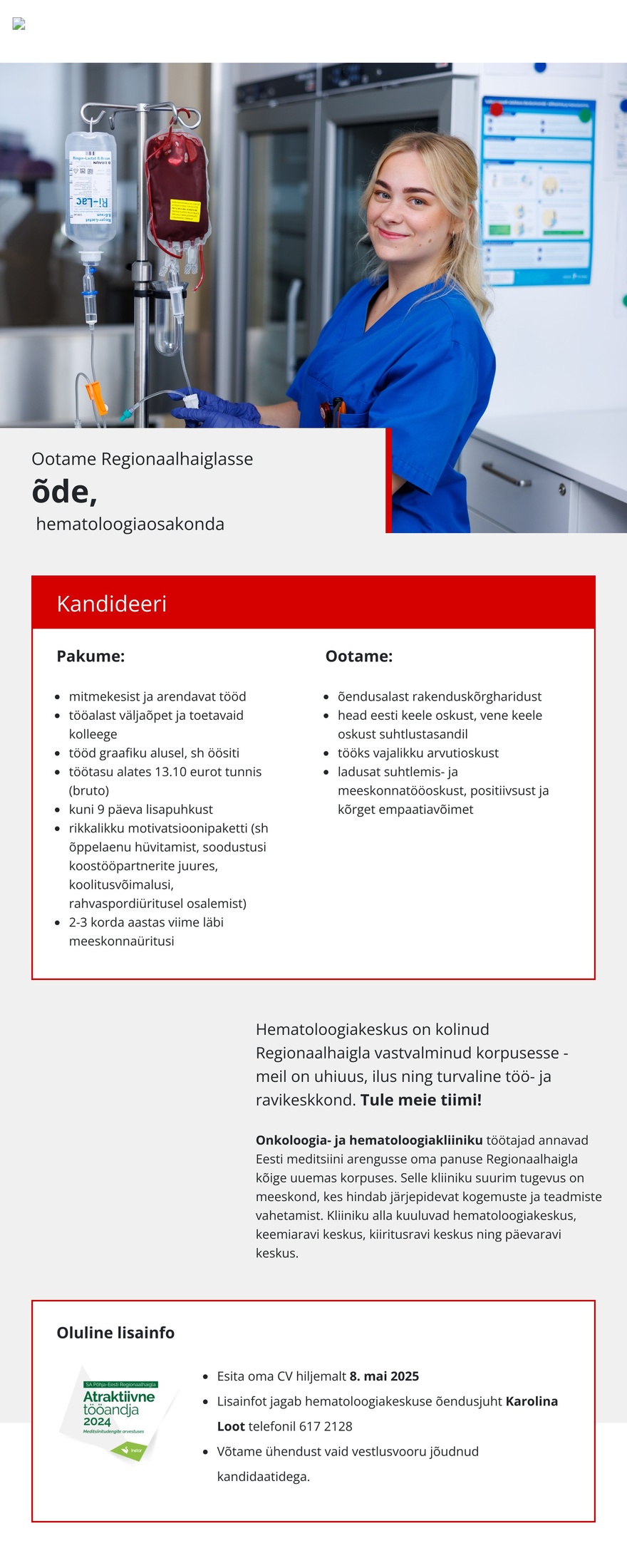 Põhja-Eesti Regionaalhaigla Õde hematoloogiaosakonda