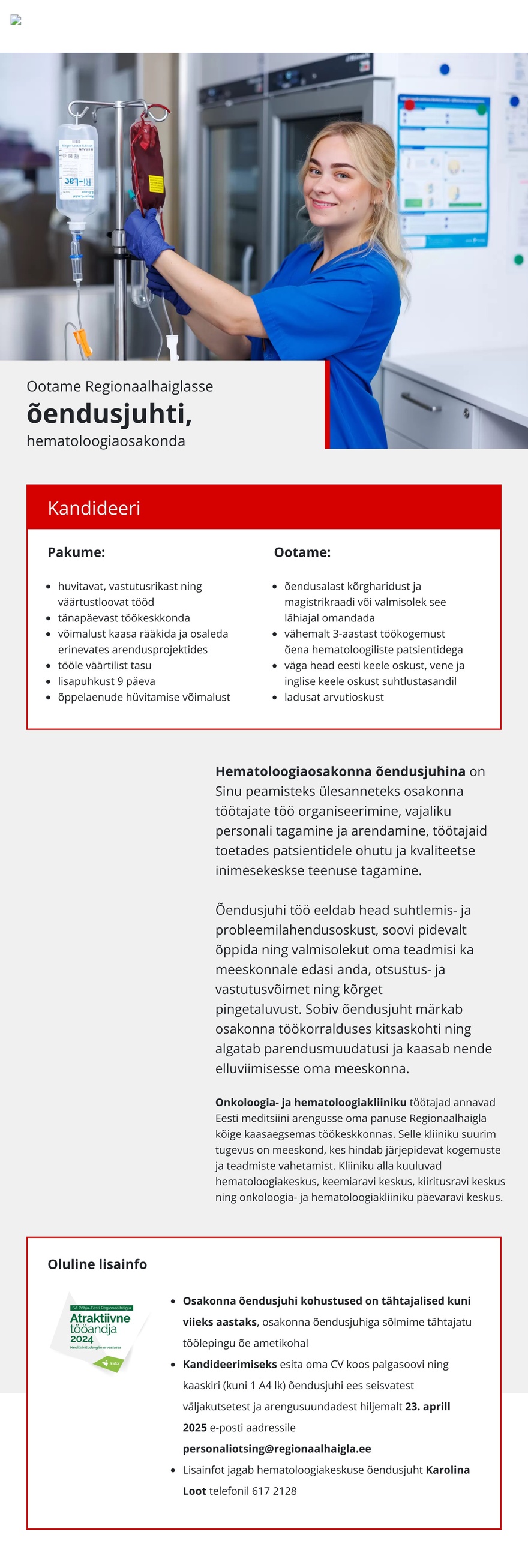Põhja-Eesti Regionaalhaigla Õendusjuht hematoloogiaosakonda