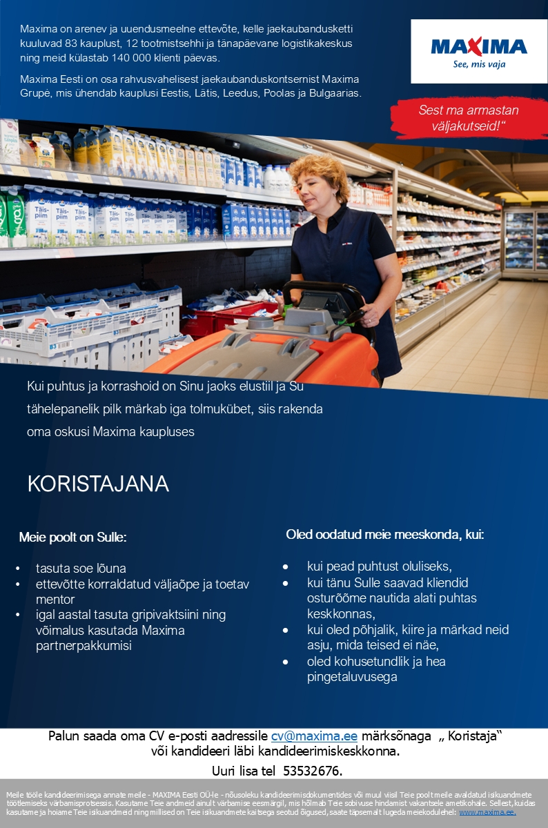 Maxima Eesti OÜ Koristaja Maximas