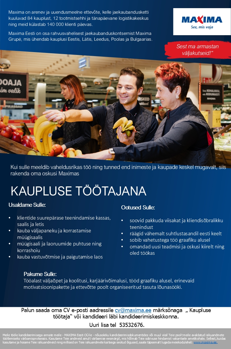 Maxima Eesti OÜ Kaupluse töötaja Lasnamäe Maximas