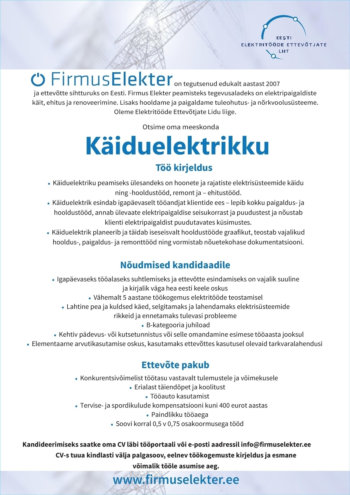 Firmus Elekter OÜ Käiduelektrik / Hoolduselektrik / Käidukorraldaja