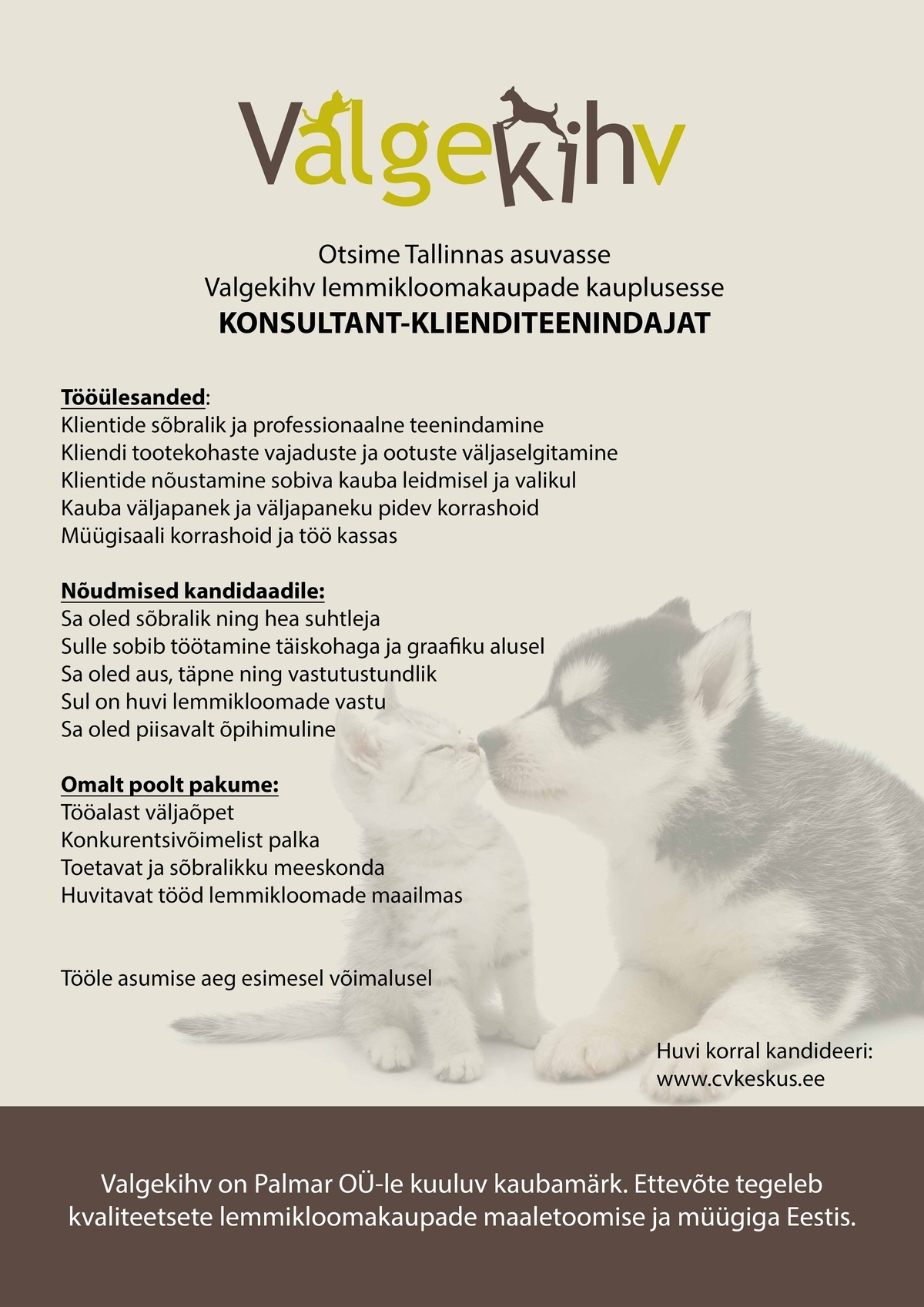 PALMAR OÜ Klienditeenindaja Valgekihv lemmikloomakaupade kaupluses