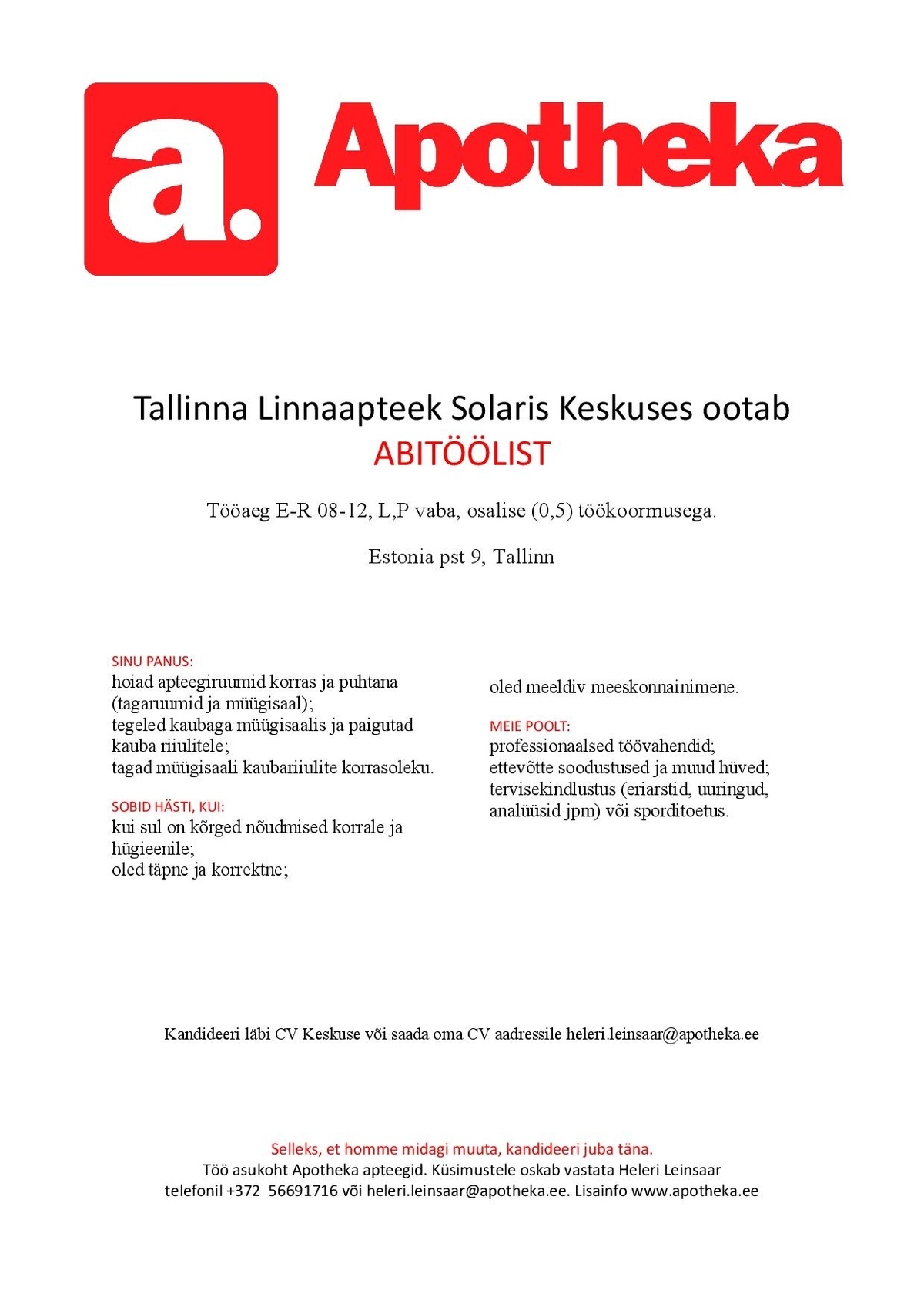 Apotheka Abitööline-koristaja Solaris Keskuses