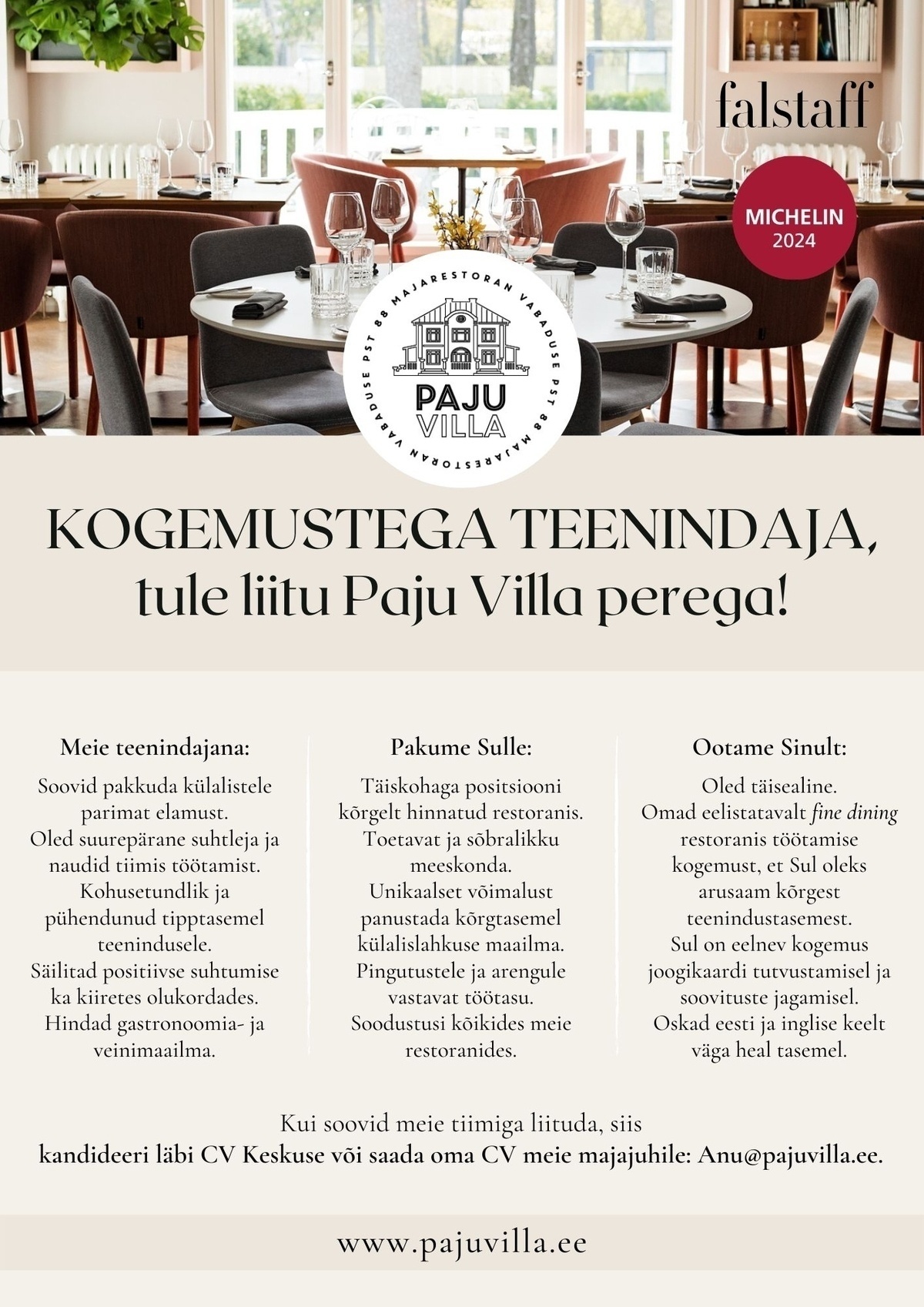 Paju Villa - OKO Restoranid OÜ KOGEMUSTEGA TEENINDAJA PAJU VILLASSE