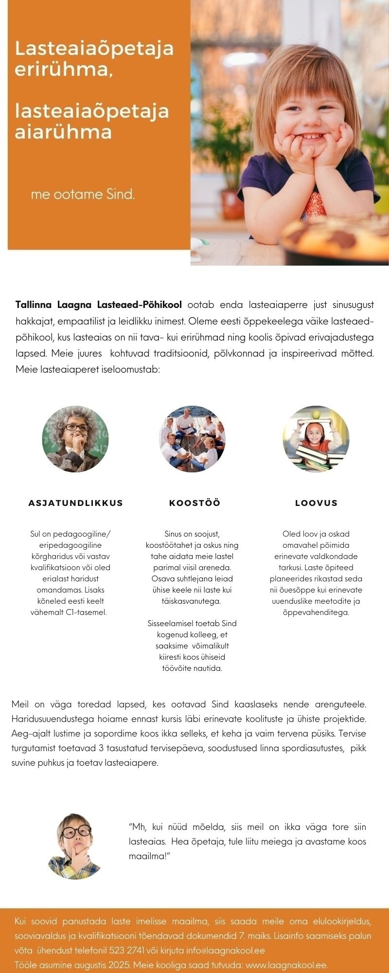 Tallinna Laagna Lasteaed-Põhikool Lasteaiaõpetaja