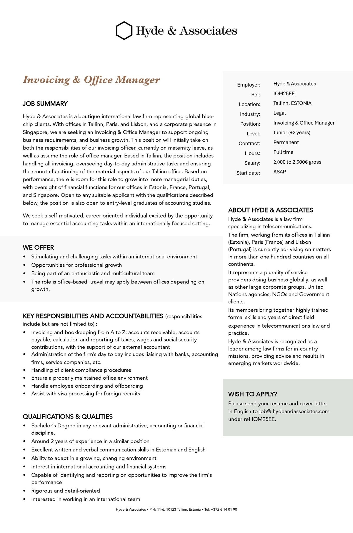 HYDE & ASSOCIATES OÜ Invoicing & Office Manager