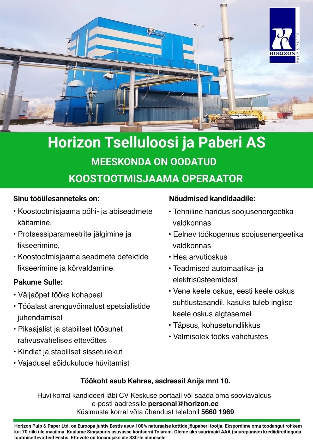 Horizon Tselluloosi ja Paberi AS KOOSTOOTMISJAAMA OPERAATOR