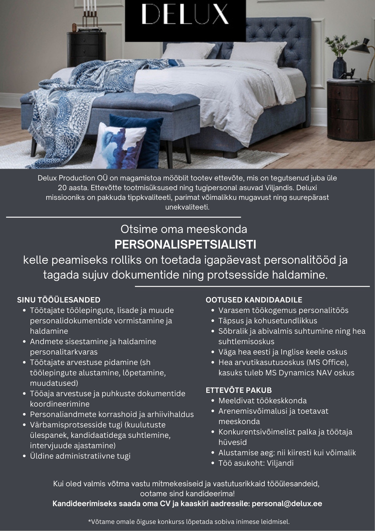 DELUX PRODUCTION OÜ Personalispetsialist