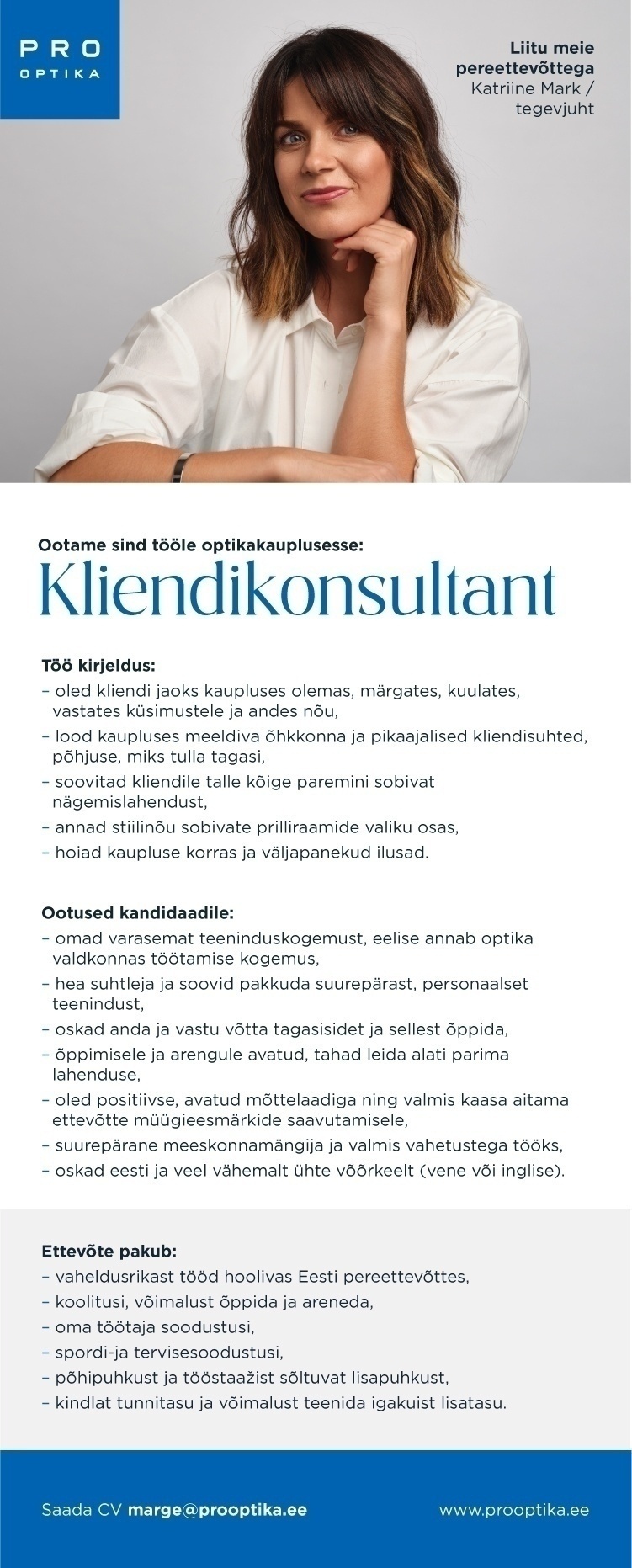 Pro Optika Kliendikonsultant Valga Pro Optikasse
