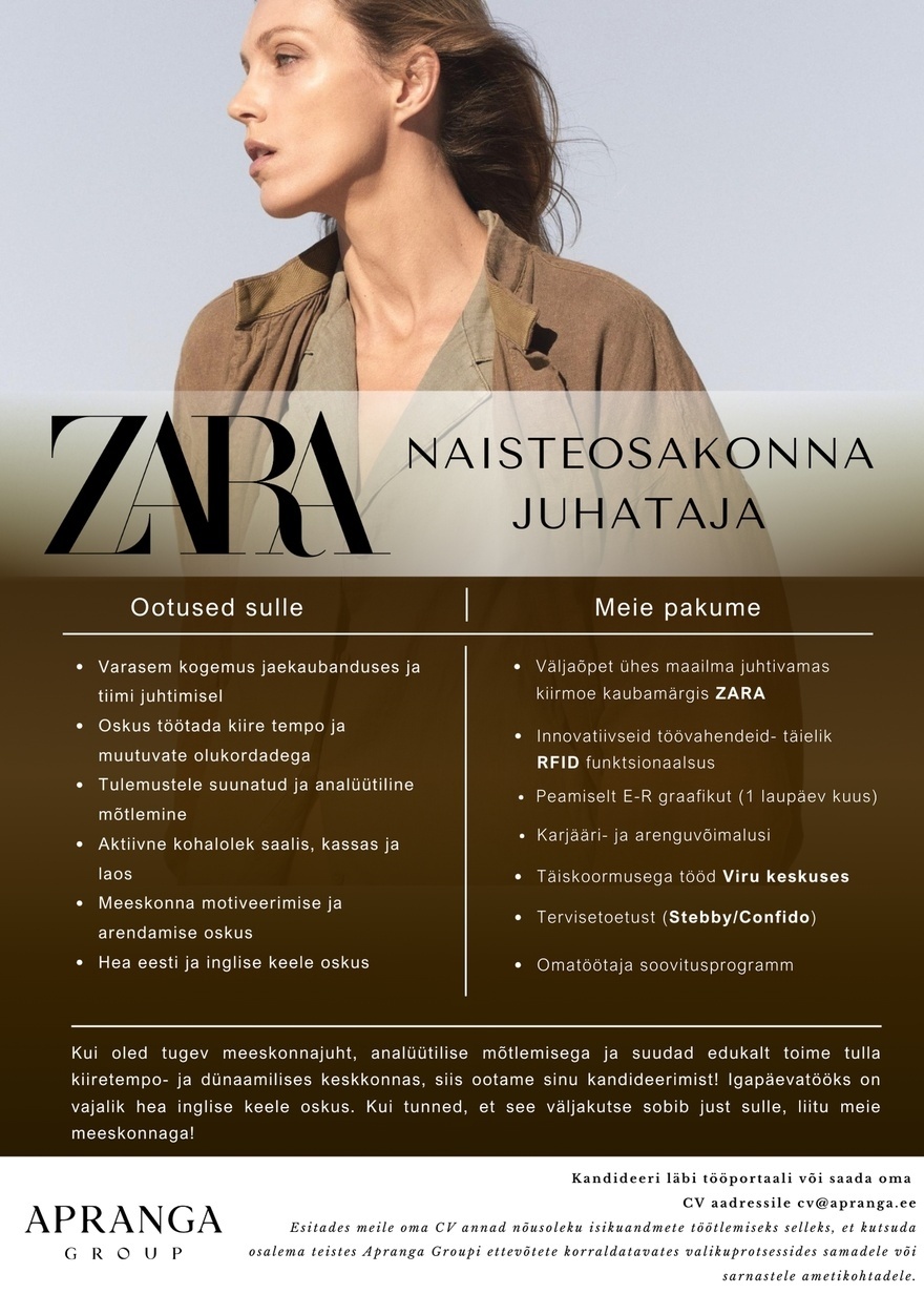 Apranga OÜ ZARA naisteosakonna juhataja
