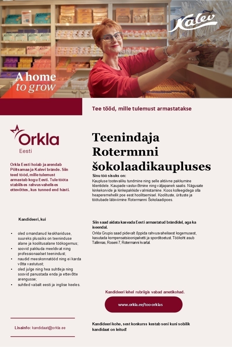 Orkla Eesti AS TEENINDAJA Rotermanni Kalevi šokolaadikauplusesse