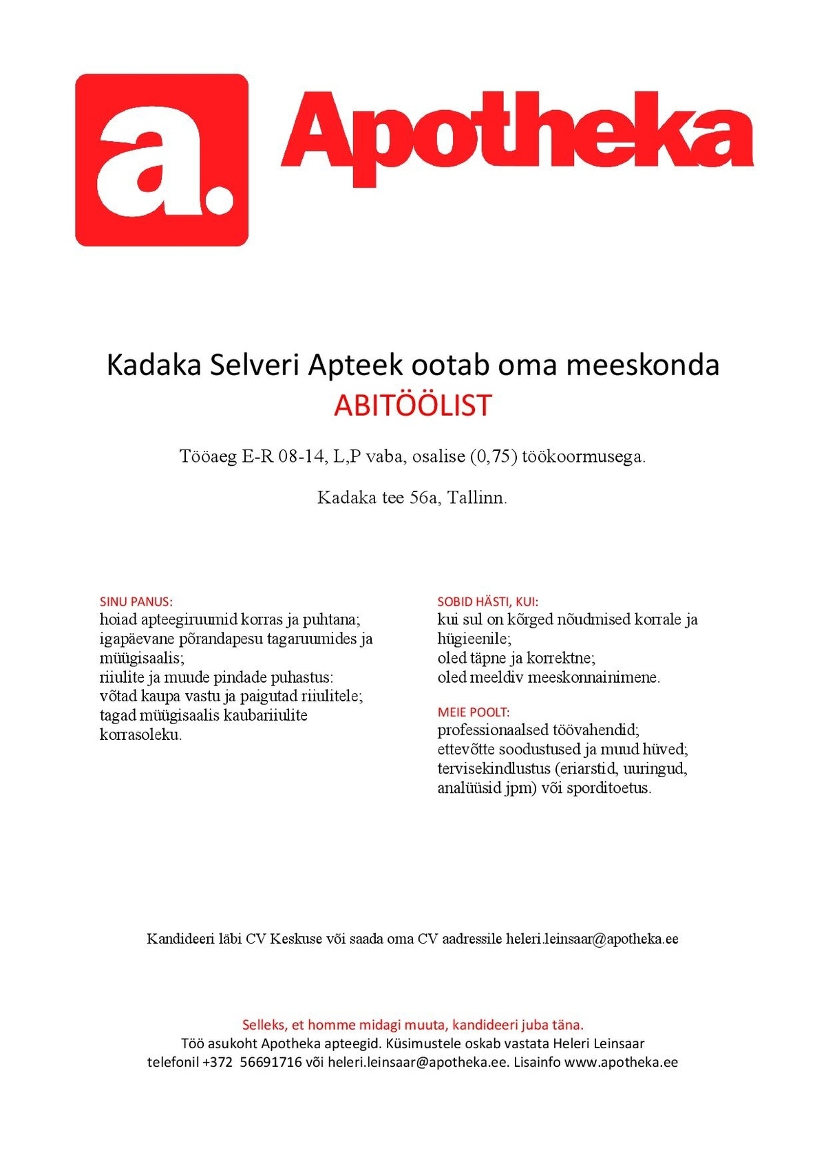Apotheka Abitööline-koristaja Kadaka Selveris