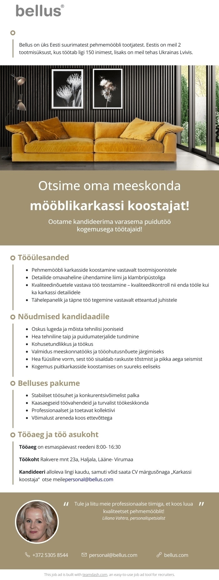 Bellus Furniture OÜ Puidutöö kogemusega tootmistöötaja
