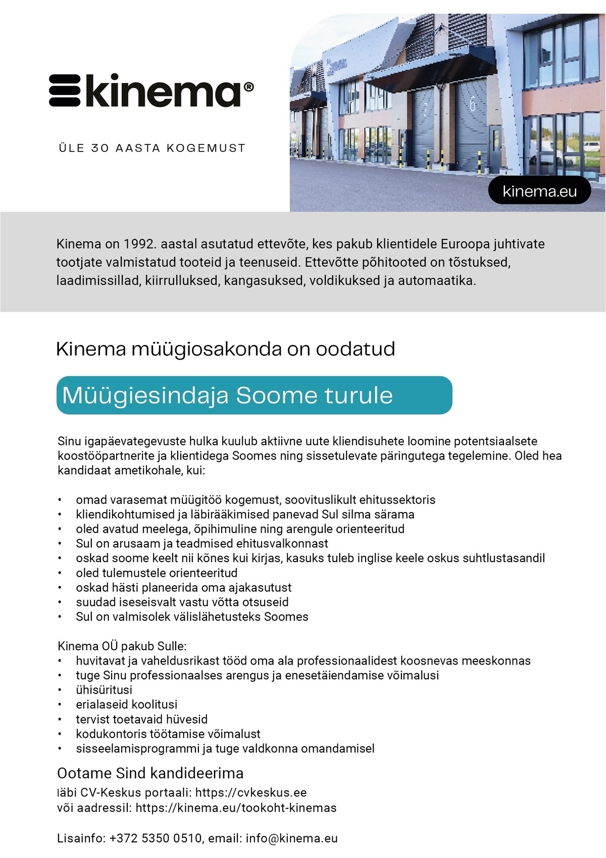 Kinema OÜ Müügiesindaja Soome turule