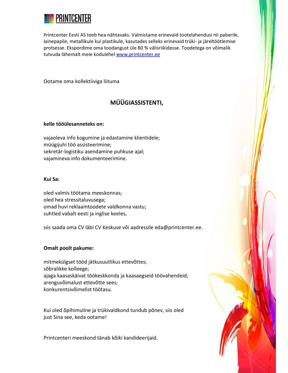Printcenter Eesti AS MÜÜGIASSISTENT