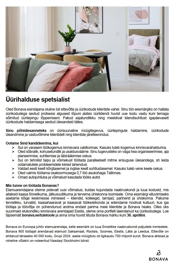 BONAVA EESTI OÜ Üürihalduse spetsialist