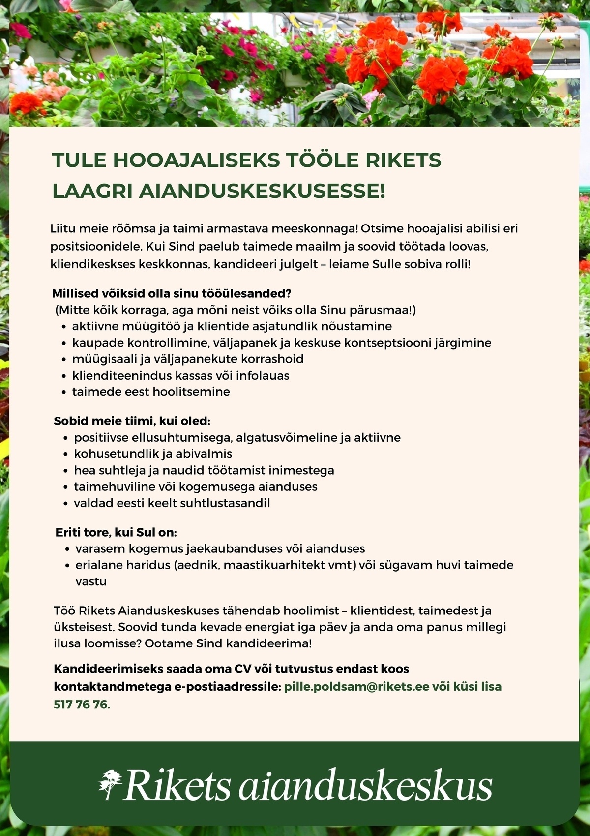 Rikets Aianduskeskus OÜ Hooajaline klienditeenindaja-aednik
