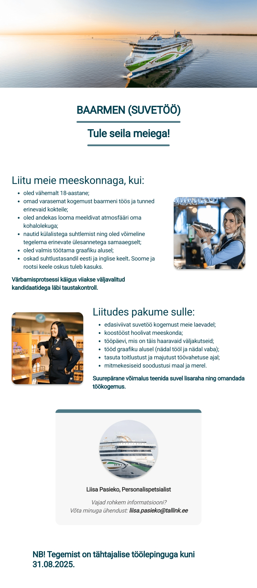 Tallink Grupp AS Laeva baarmen (suvetöötaja)