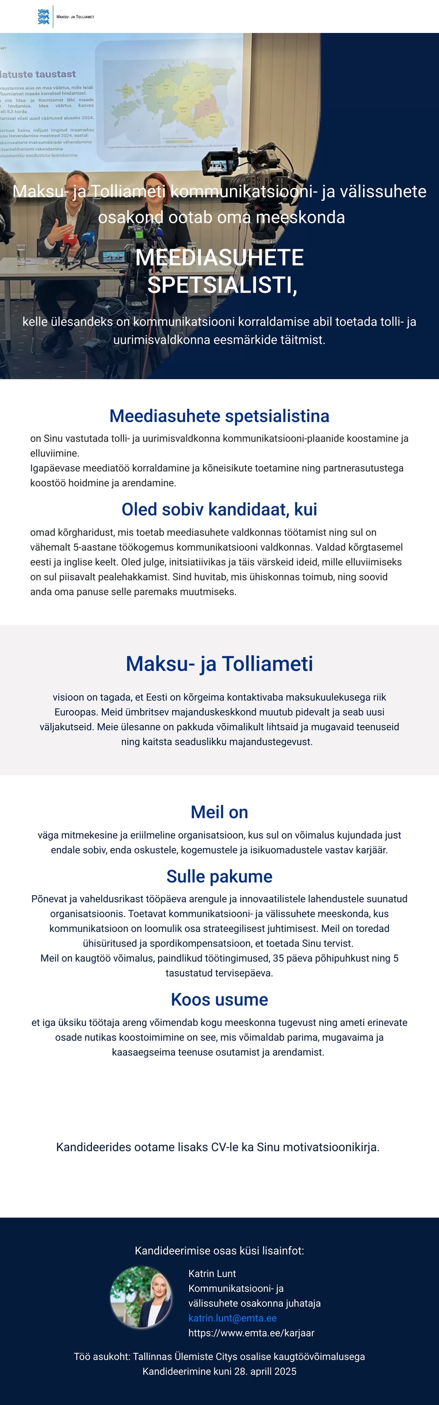 Maksu- ja Tolliamet Meediasuhete spetsialist