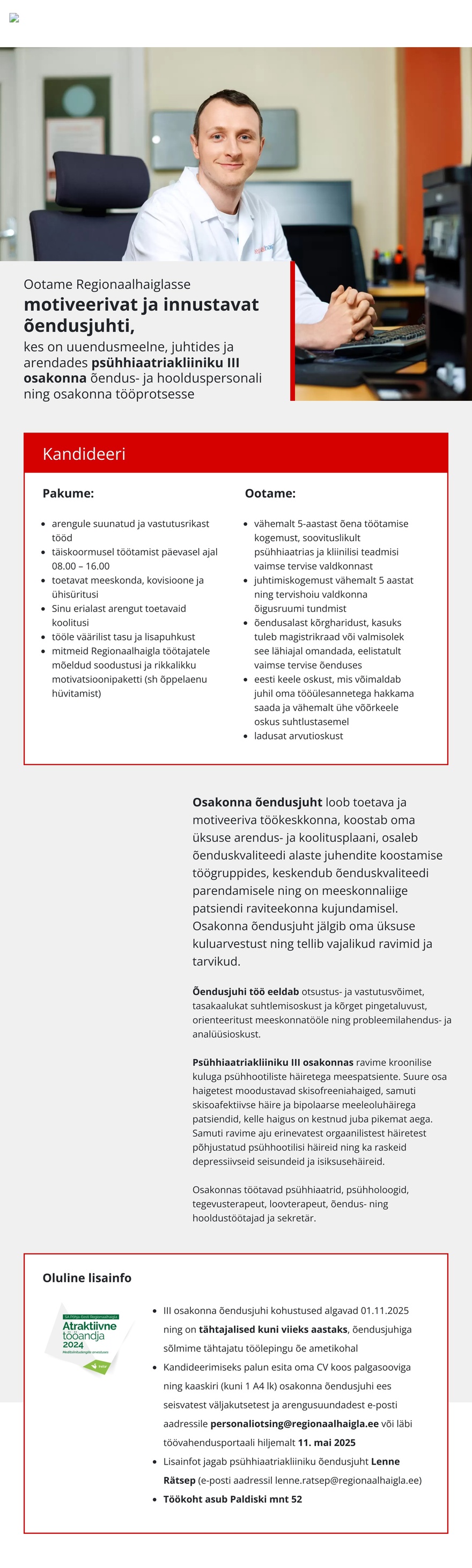 Põhja-Eesti Regionaalhaigla Õendusjuht psühhiaatriakliiniku III osakonda
