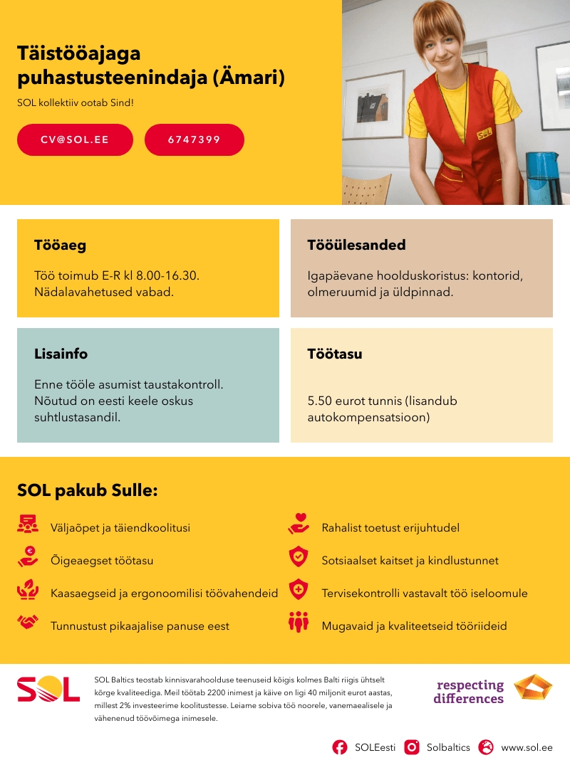 SOL Baltics OÜ Täistööajaga puhastusteenindaja (Ämari)