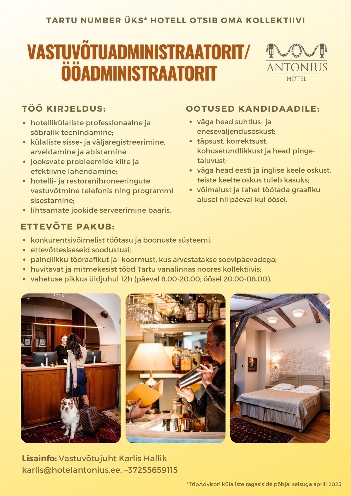 Hotell Antonius OÜ Vastuvõtuadministraator / Ööadministraator