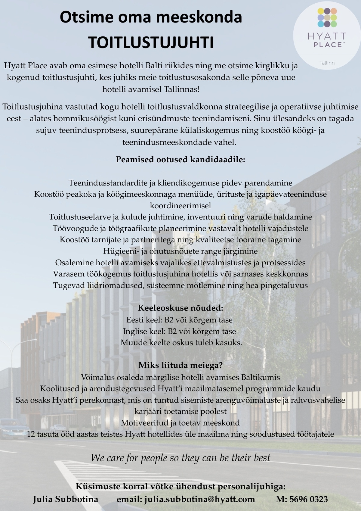 Hyatt Place Tallinn Toitlustusjuht - liitu peagi avaneva hotelliga Hyatt Place Tallinn
