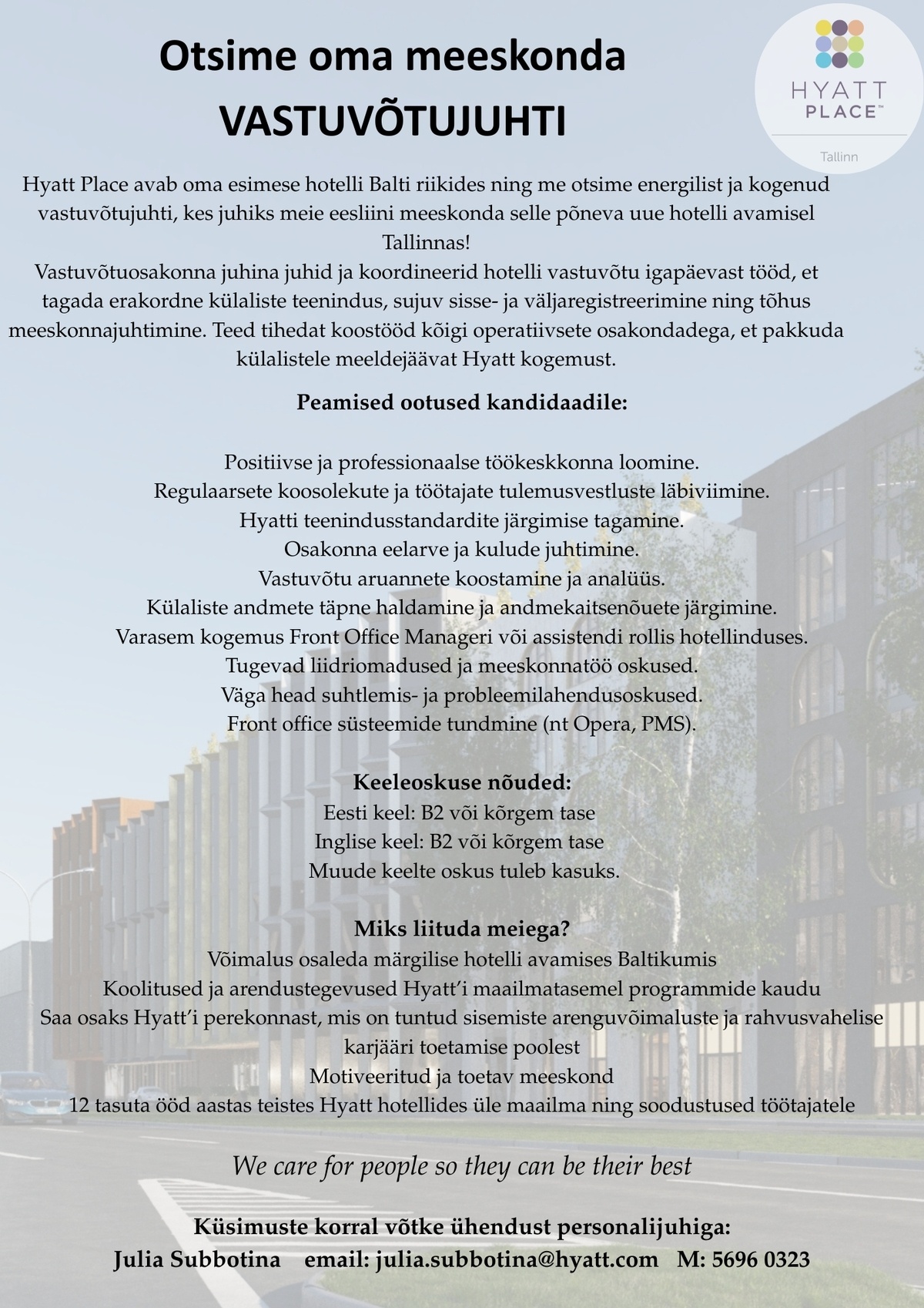 Hyatt Place Tallinn Vastuvõtujuht - liitu peagi avaneva hotelliga Hyatt Place Tallinn