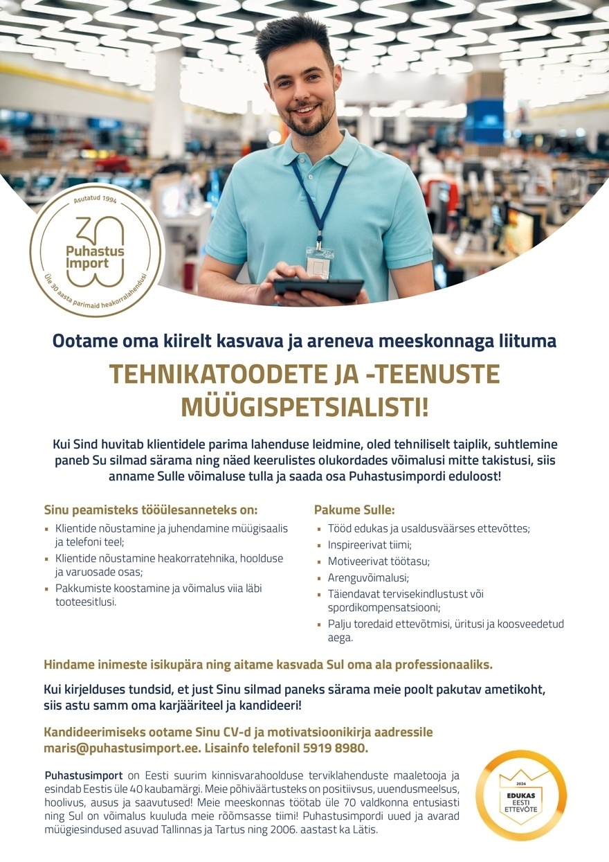 Puhastusimport OÜ Tehnikatoodete ja -teenuste müügispetsialist