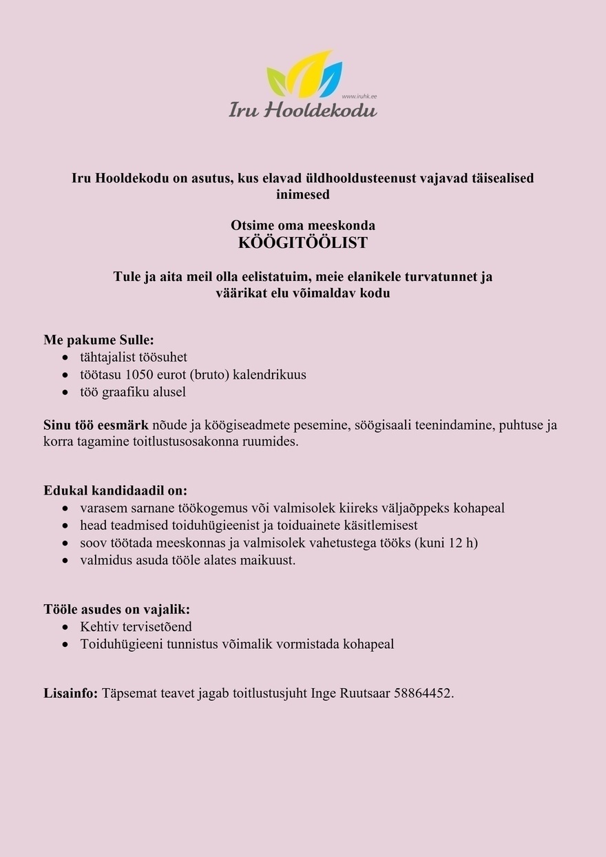 Iru Hooldekodu Köögitööline