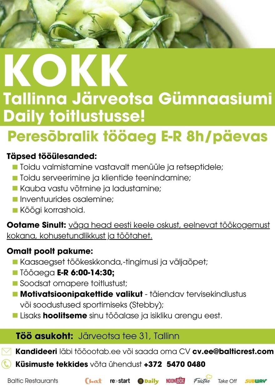 Baltic Restaurants Estonia KOKK Järveotsa Gümnaasiumi Daily toitlustusse